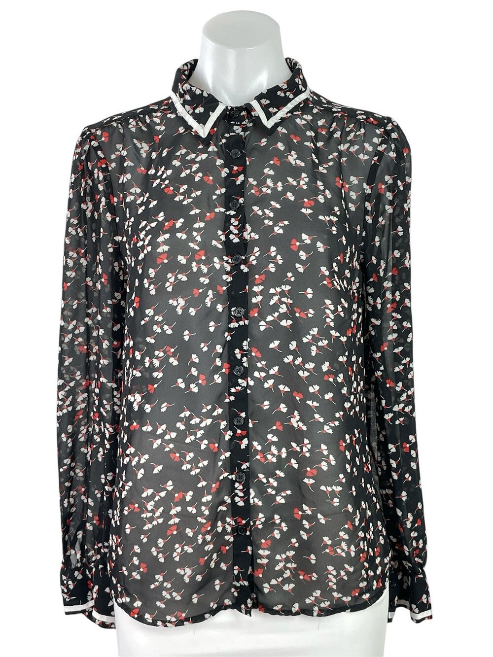 Modcloth Women's Black Floral Long Sleeve Sheer Button Down Shirt Top Size M